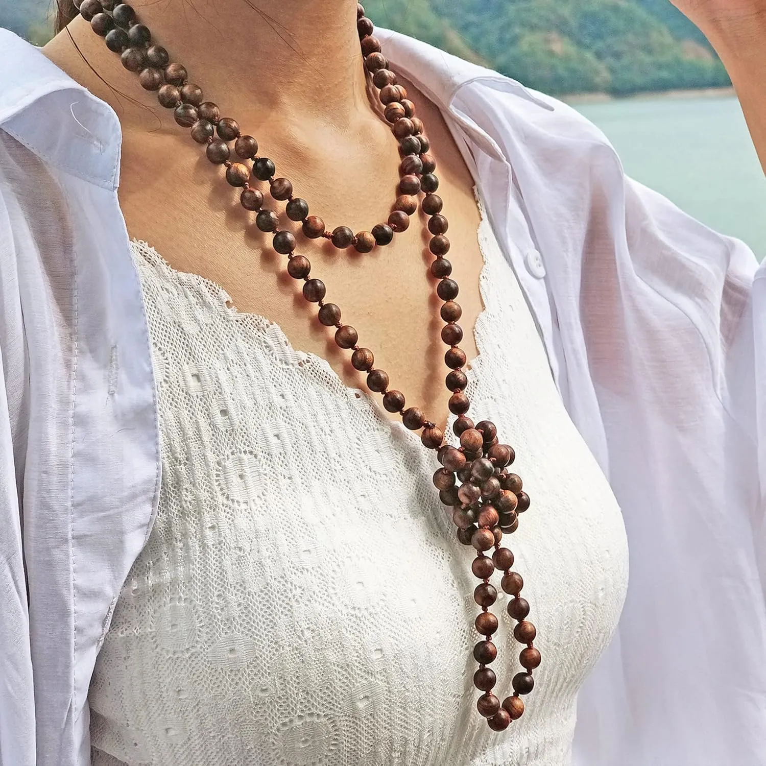 Firstmeet Fashion Natural Round Wood Beads 60'' Long Strand Art Deco Necklace for Women