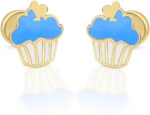 Five Star Jewelers Solid 14k Yellow Gold Cupcake Young Girls Stud Earrings, Hypoallergenic, Screw Back Earrings for Little Girls | Cute Children's Jewelry for Kids, Teens | 7x8.5mm
