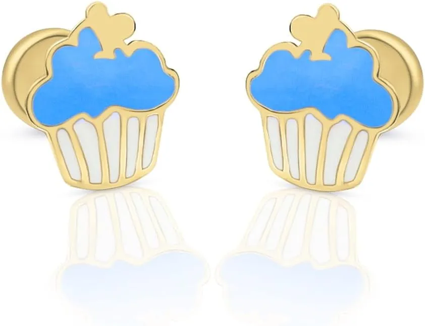 Five Star Jewelers Solid 14k Yellow Gold Cupcake Young Girls Stud Earrings, Hypoallergenic, Screw Back Earrings for Little Girls | Cute Children's Jewelry for Kids, Teens | 7x8.5mm