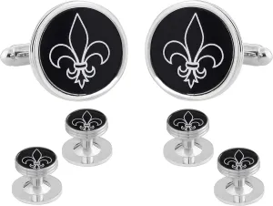 Fleur De Lys Cufflinks and Studs Formal Set Tuxedo in a Presentation Gift Box Black Fleur De Lis Silver Round Wedding
