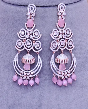 Floral Shaped Silver Tone American Diamond Dangle Earrings For Women (E642)