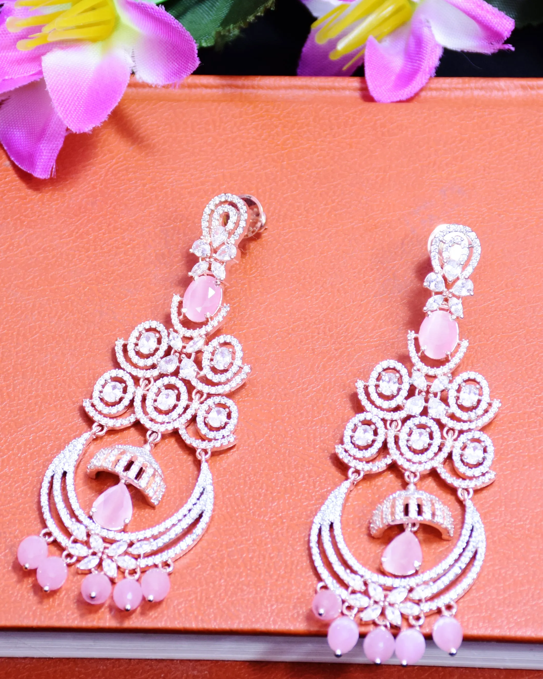 Floral Shaped Silver Tone American Diamond Dangle Earrings For Women (E642)
