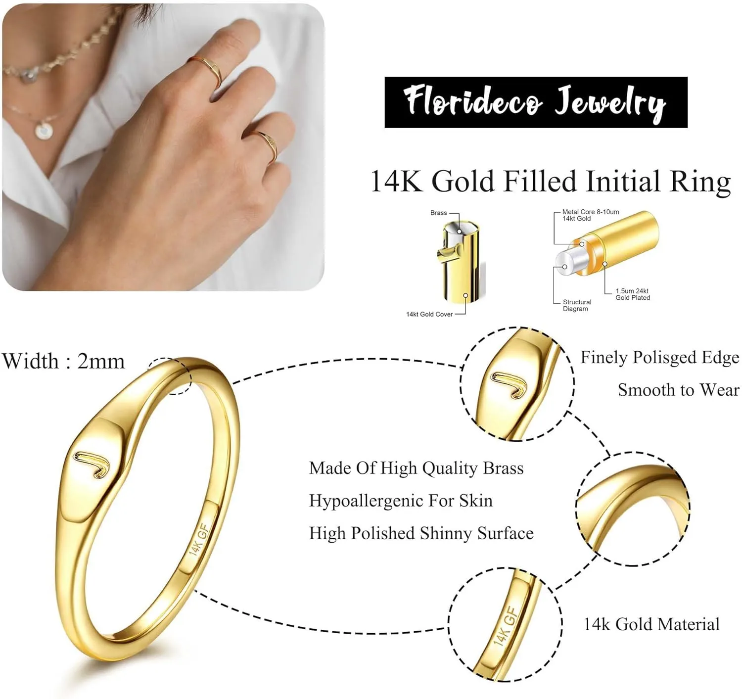 Florideco 14K Gold Filled Ring Gold Initial Ring Dainty Gold Simple Letter Band Rings Signet Stackable Pinky Alphabet Thin Gold Thumb Rings for Women Non Tarnish Size 6 7 8 9 10
