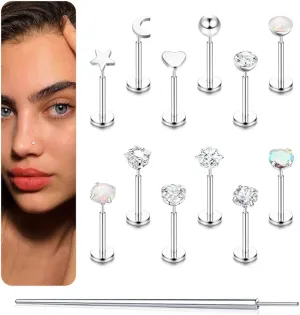 Florideco 14K Gold Filled Threadless Nose Studs for Women Hypoallergenic Surgical Steel Nose Rings Push In Flat back Nose Stud Labret Studs CZ Tragus Helix Piercing Jewelry 16G 18G 20G