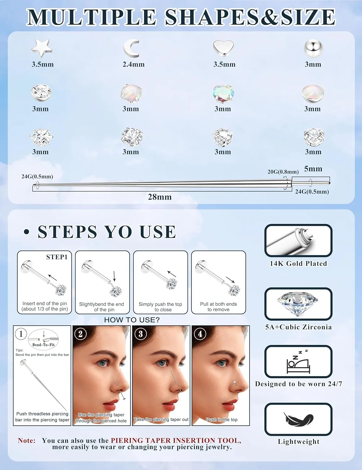 Florideco 14K Gold Filled Threadless Nose Studs for Women Hypoallergenic Surgical Steel Nose Rings Push In Flat back Nose Stud Labret Studs CZ Tragus Helix Piercing Jewelry 16G 18G 20G