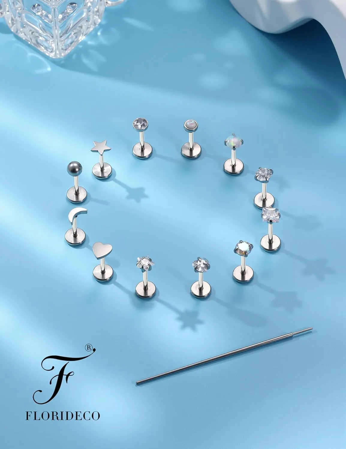 Florideco 14K Gold Filled Threadless Nose Studs for Women Hypoallergenic Surgical Steel Nose Rings Push In Flat back Nose Stud Labret Studs CZ Tragus Helix Piercing Jewelry 16G 18G 20G