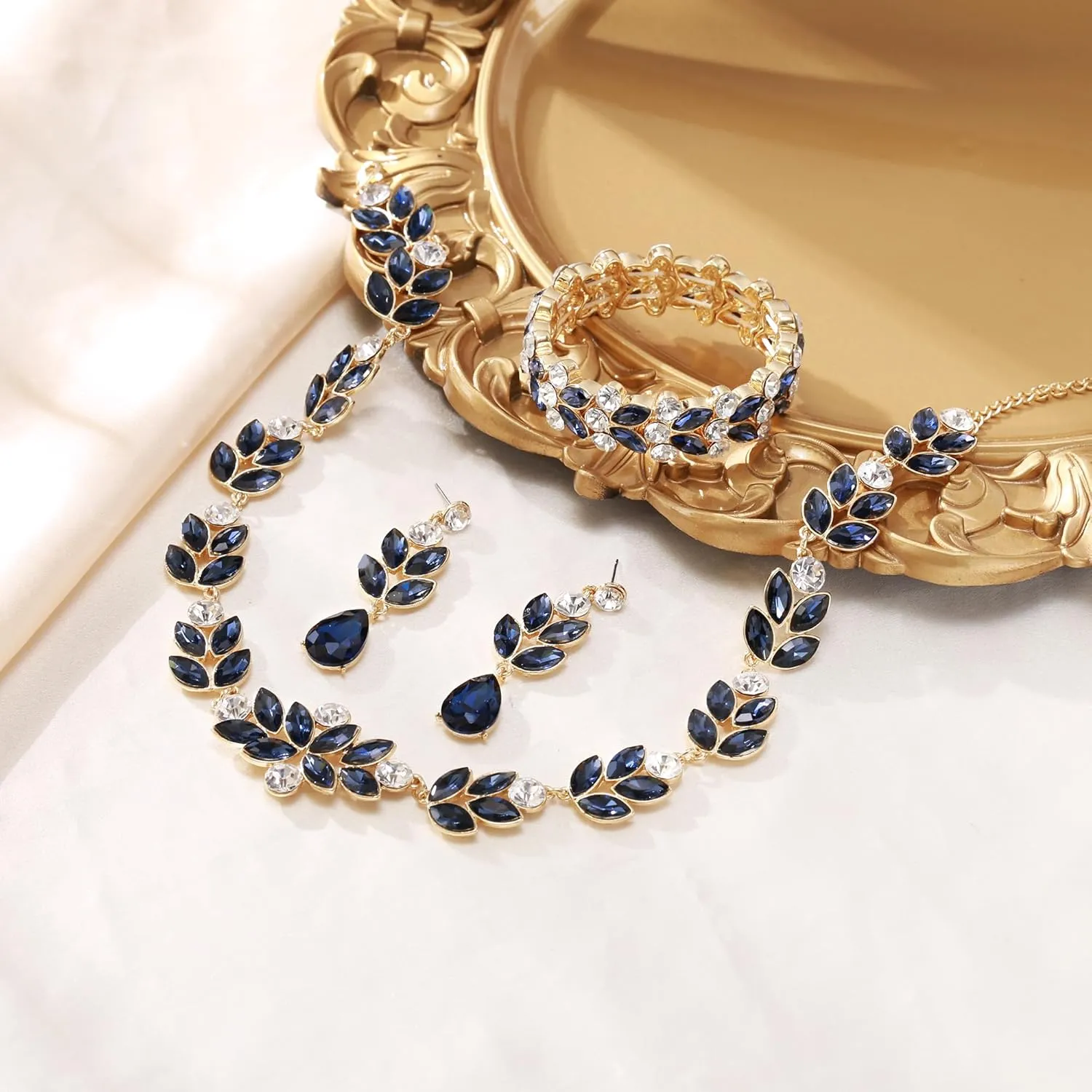 Flyocne Wedding Jewelry Sets for Brides Bridal Sparkly Rhinestone Crystal Floral Leaf Teardrop Statement Choker Necklace Dangle Earrings Bracelet Set for Women