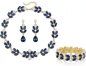 Flyocne Wedding Jewelry Sets for Brides Bridal Sparkly Rhinestone Crystal Floral Leaf Teardrop Statement Choker Necklace Dangle Earrings Bracelet Set for Women