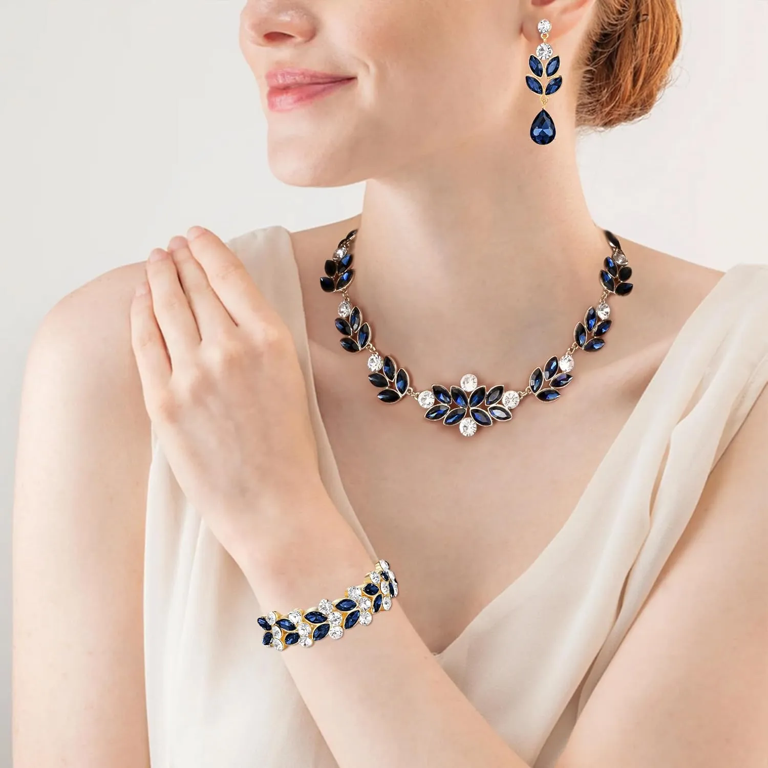 Flyocne Wedding Jewelry Sets for Brides Bridal Sparkly Rhinestone Crystal Floral Leaf Teardrop Statement Choker Necklace Dangle Earrings Bracelet Set for Women