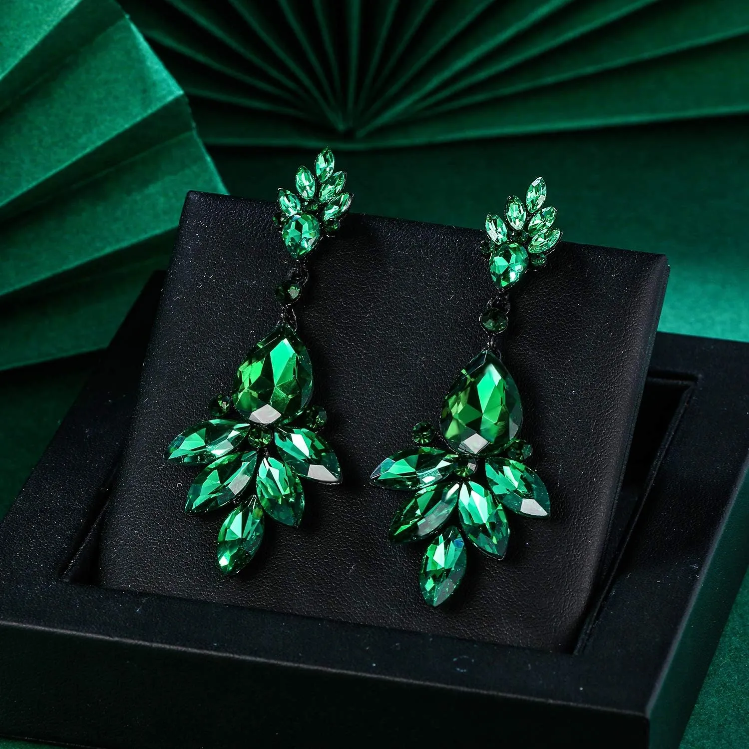 Flyonce Bridal Drop Dangle Earrings for Women, Rhinestone Crystal Floral Leaf Cluster Earring