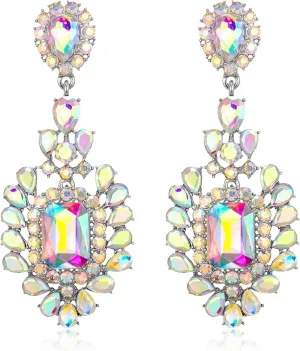 Flyonce Costume Statement Earrings for Women, Sparkly Crystal Vintage Style Art Deco Rhinestone Drop Dangle Earring for Wedding Party Iridescent Silver-Tone