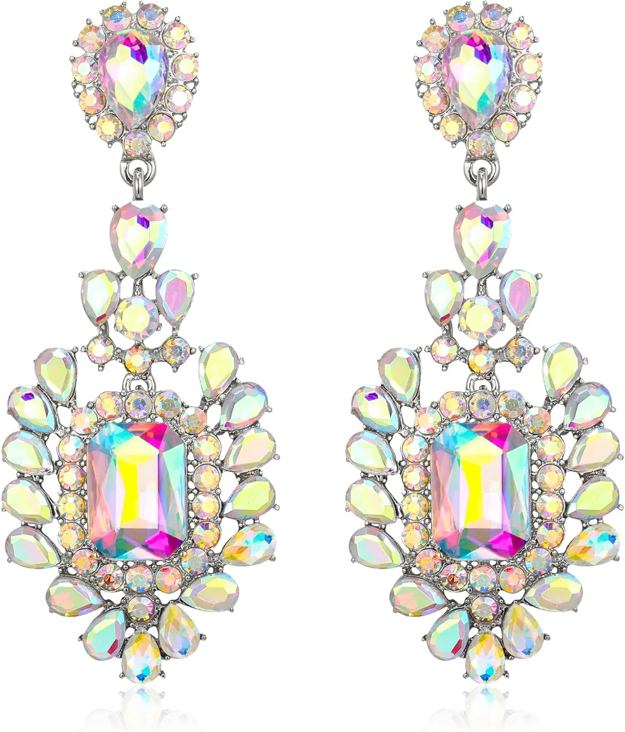 Flyonce Costume Statement Earrings for Women, Sparkly Crystal Vintage Style Art Deco Rhinestone Drop Dangle Earring for Wedding Party Iridescent Silver-Tone