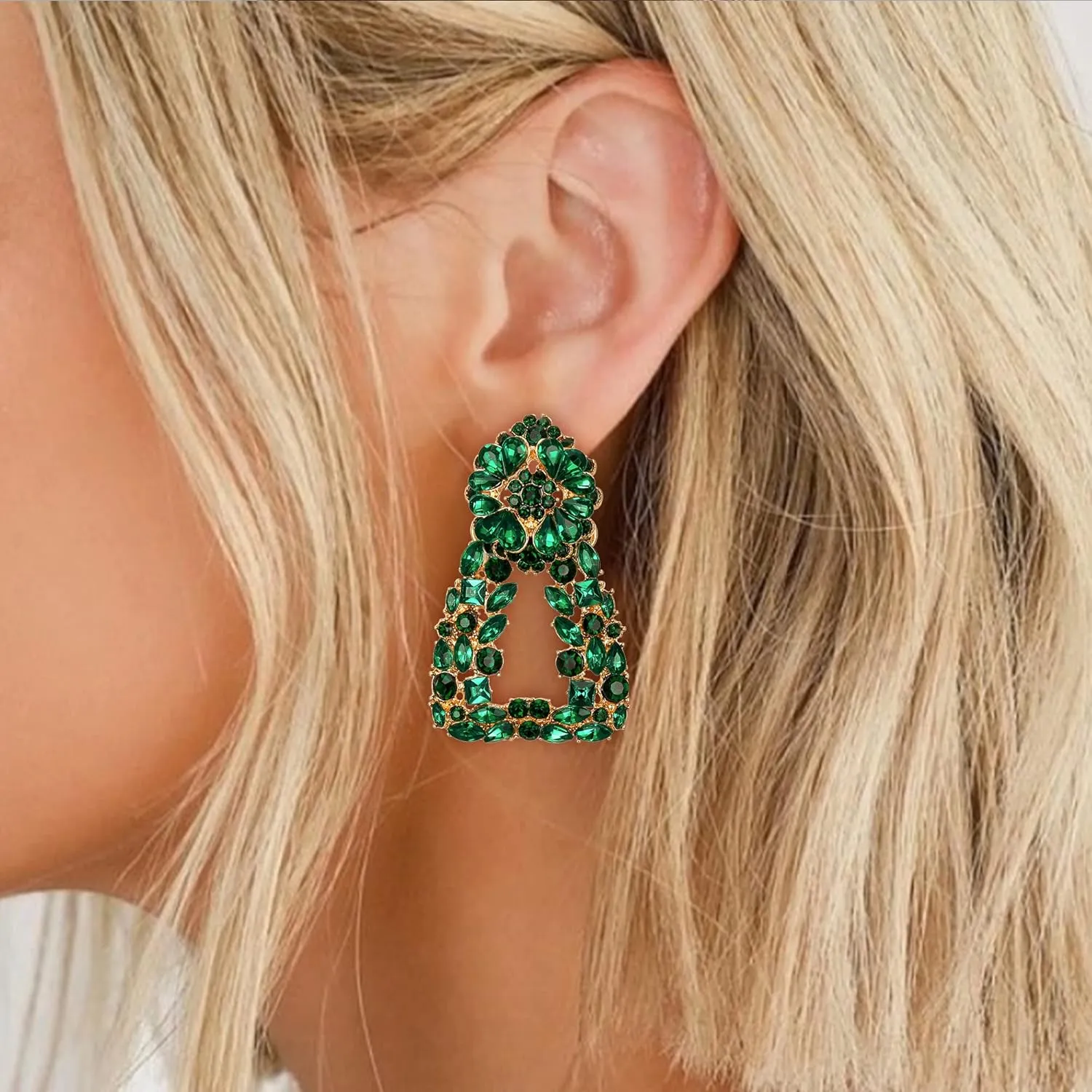 Flyonce Geometric Statement Earrings, Large Square Triangle Dangle Crystal Drop Bohemian Raised Design Earrings