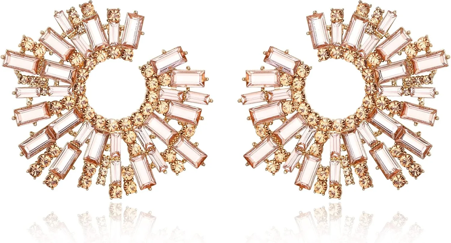 Flyonce Rhinestone Crystal Statement Earrings for Women, Large Big Art Deco Costume Irregular C-Shaped Stud Earring for Cocktail Prom