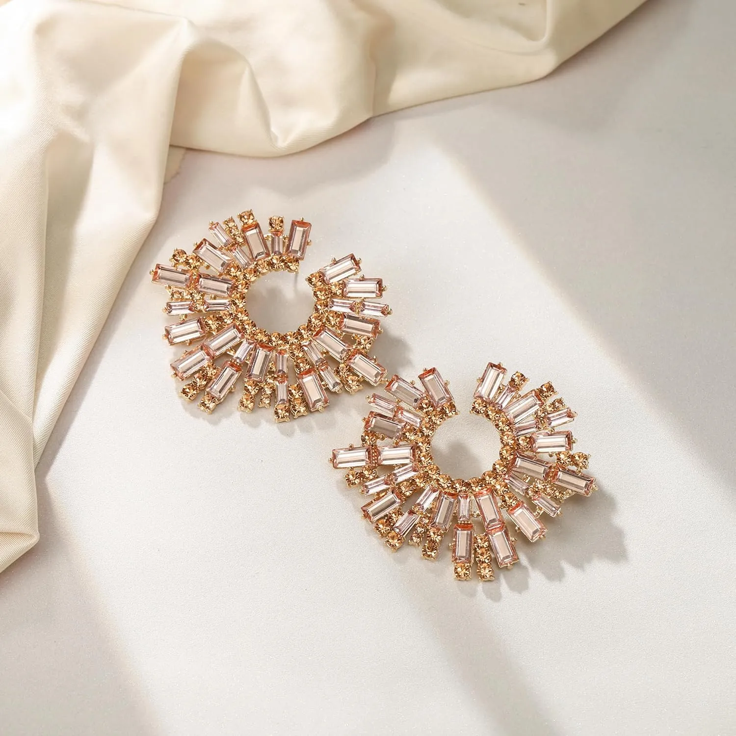 Flyonce Rhinestone Crystal Statement Earrings for Women, Large Big Art Deco Costume Irregular C-Shaped Stud Earring for Cocktail Prom