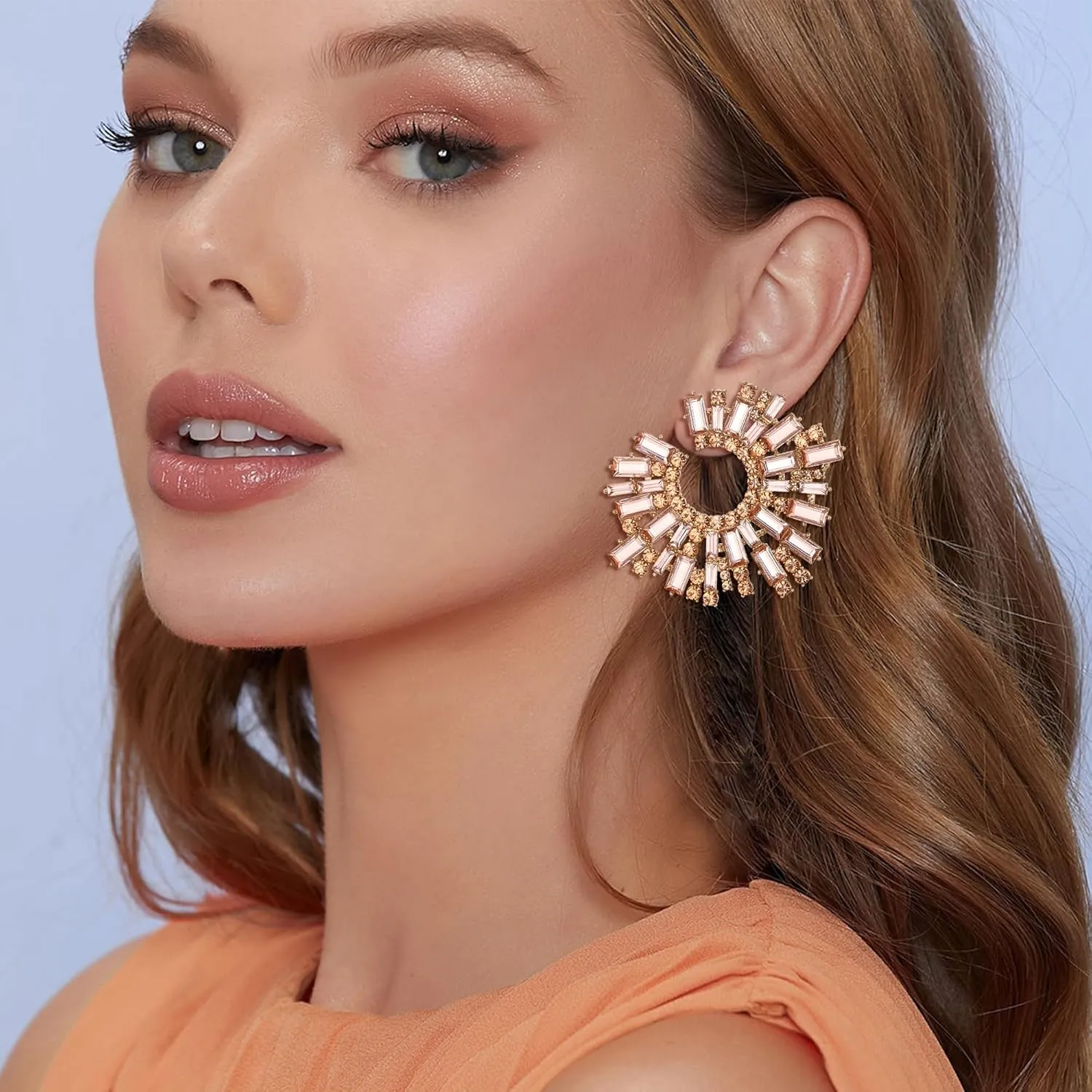 Flyonce Rhinestone Crystal Statement Earrings for Women, Large Big Art Deco Costume Irregular C-Shaped Stud Earring for Cocktail Prom