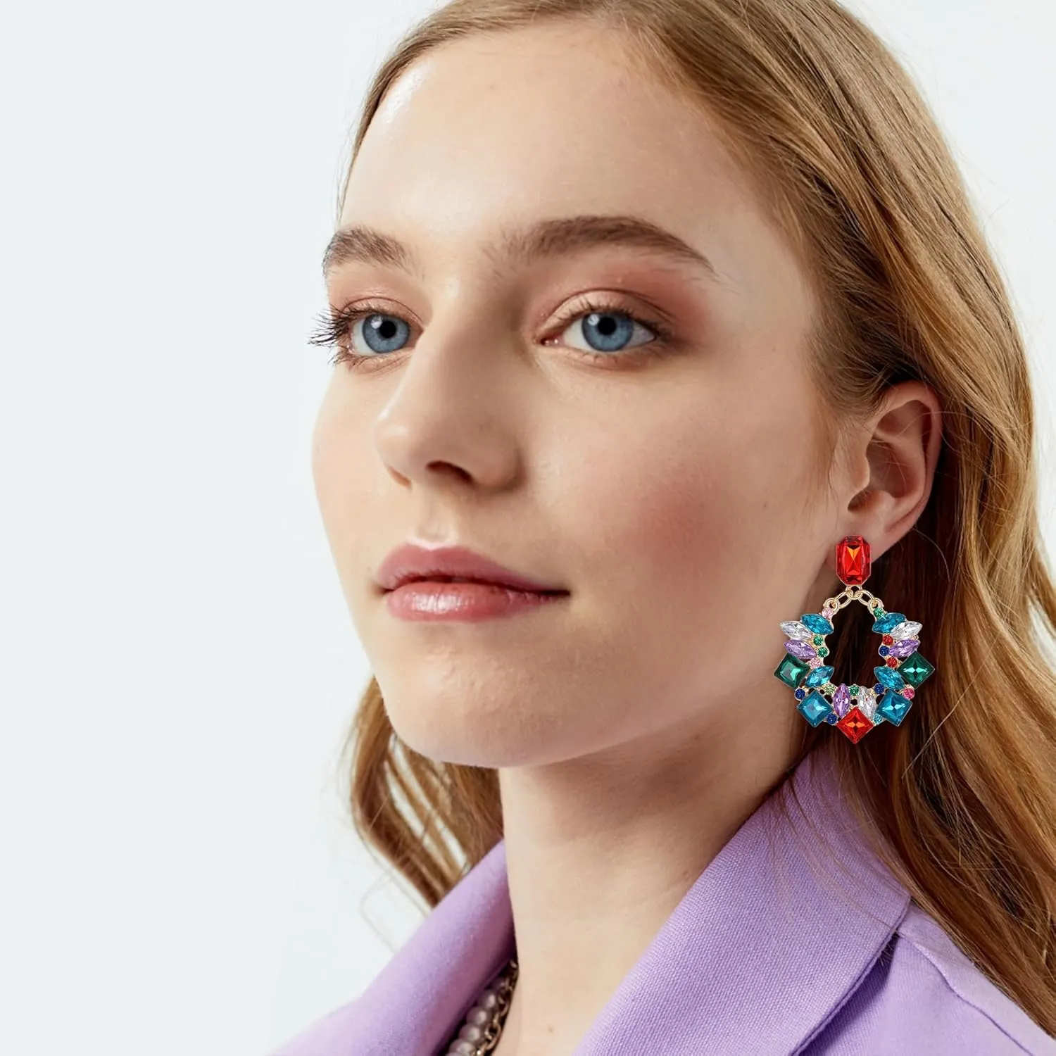 Flyonce Rhinestone Oval Hoop Dangle Earrings, Austrian Crystal Geometric Statement Pierced Earrings