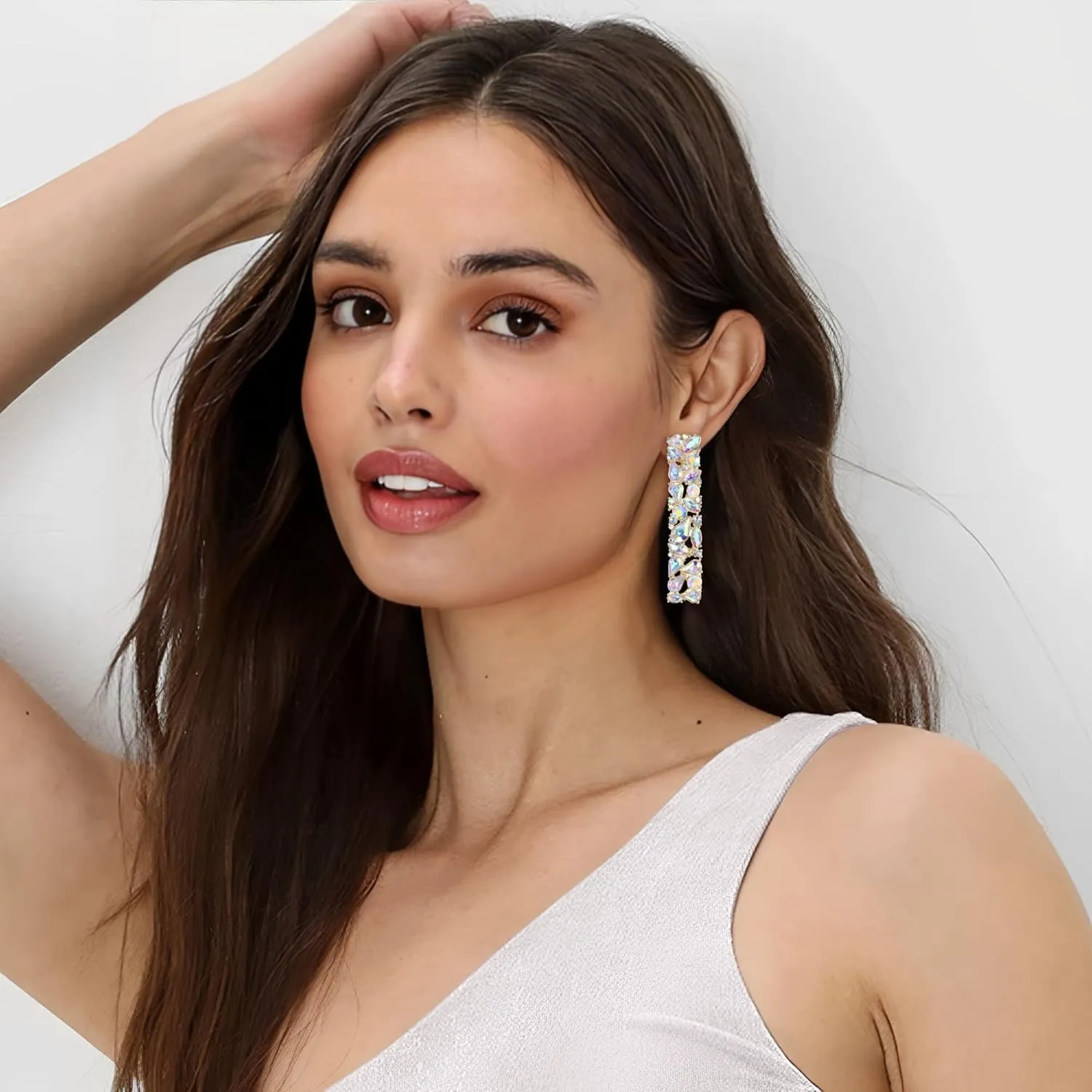 Flyonce Rhinestone Rectangle Earrings, Wedding Party Sparkly Crystal Geometric Statement Earrings for Women