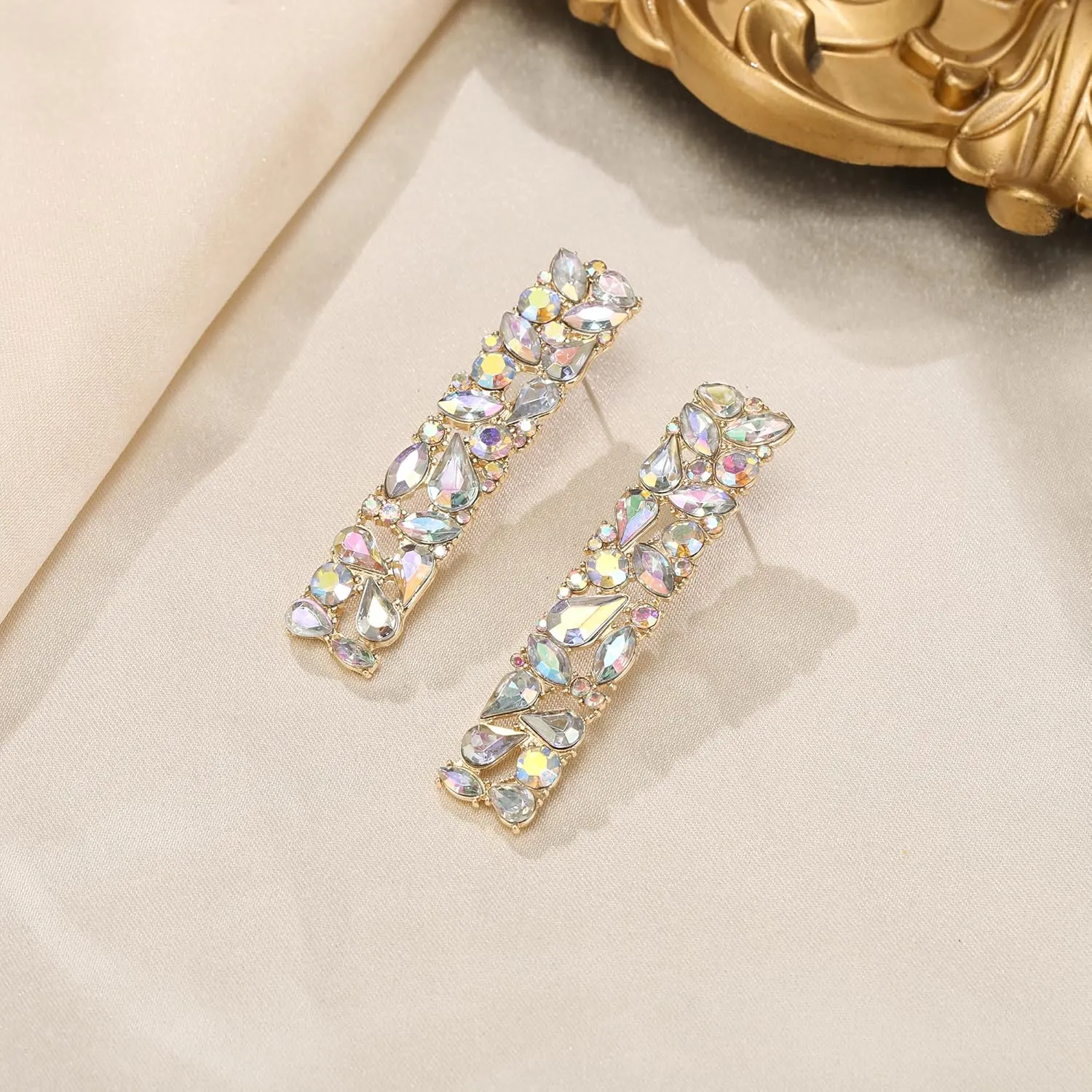Flyonce Rhinestone Rectangle Earrings, Wedding Party Sparkly Crystal Geometric Statement Earrings for Women