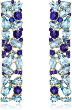 Flyonce Sky Blue Rhinestone Rectangle Earrings, Wedding Party Sparkly Crystal Geometric Statement Earrings for Women