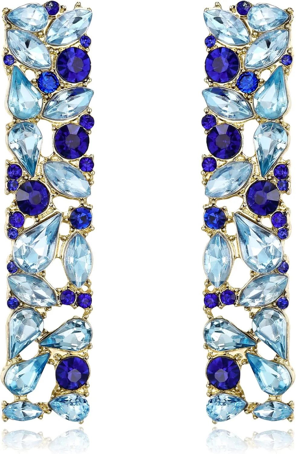 Flyonce Sky Blue Rhinestone Rectangle Earrings, Wedding Party Sparkly Crystal Geometric Statement Earrings for Women