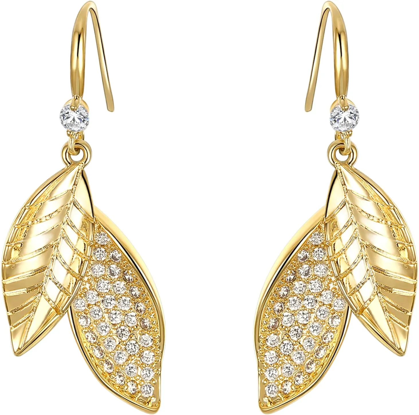 Flyonce Sparkly Cubic Zirconia Golden Leaf Hook Dangle Earrings for Women Gold-Tone
