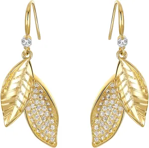 Flyonce Sparkly Cubic Zirconia Golden Leaf Hook Dangle Earrings for Women Gold-Tone