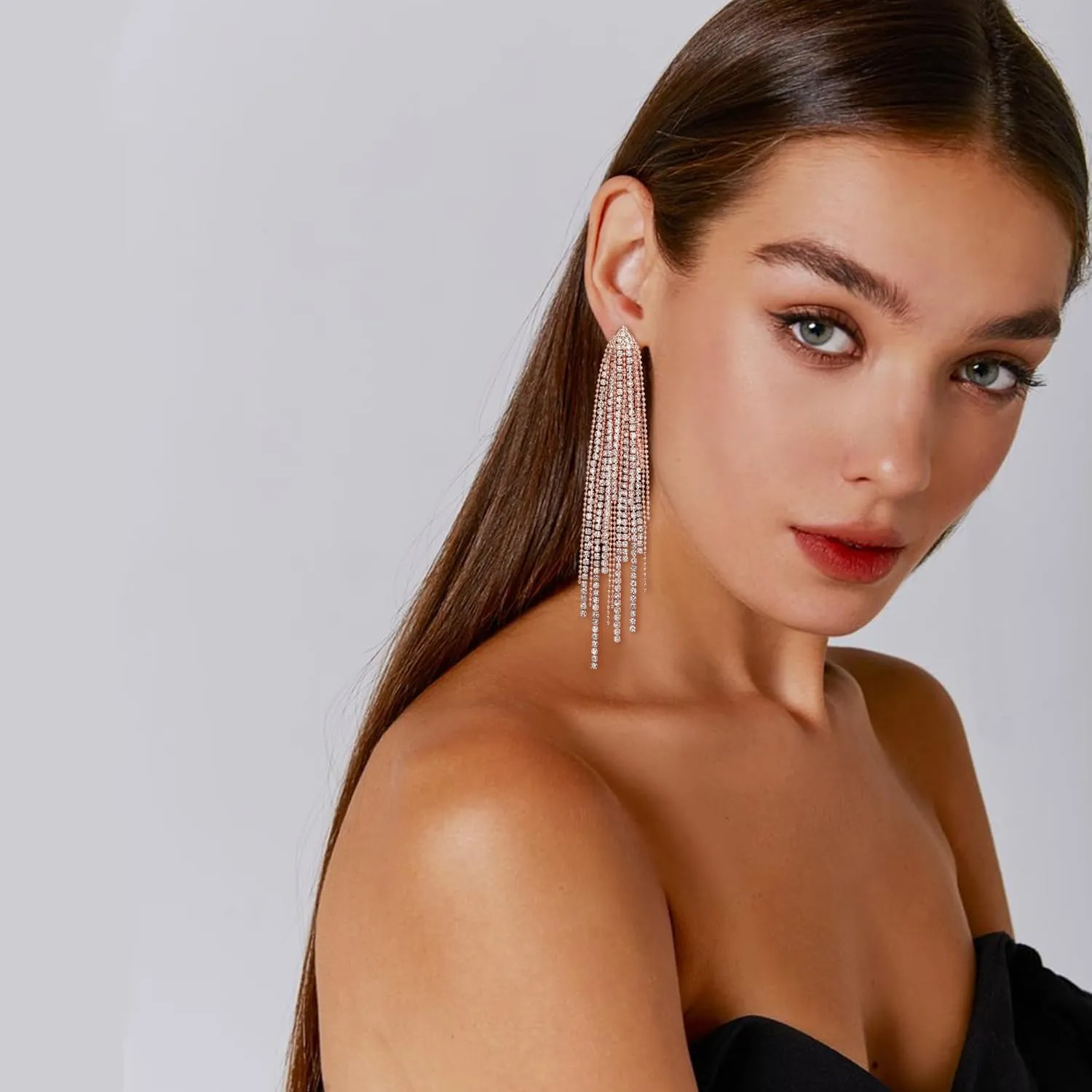 Flyonce Sparkly Rhinestone Chandelier Earrings, Wedding Bridal Crystal Statement Tassel Long Dangle Earrings fo Women s