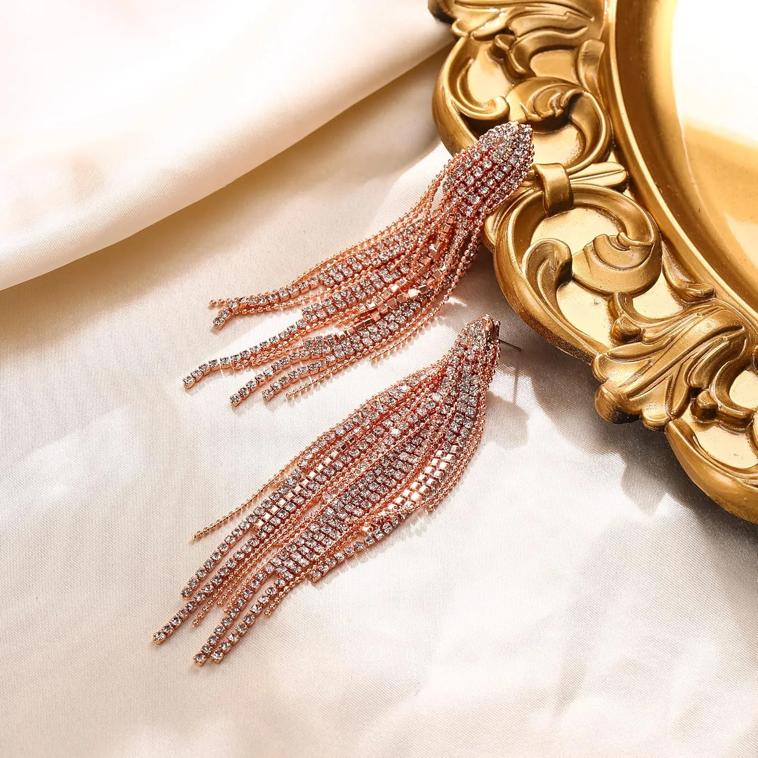 Flyonce Sparkly Rhinestone Chandelier Earrings, Wedding Bridal Crystal Statement Tassel Long Dangle Earrings fo Women s