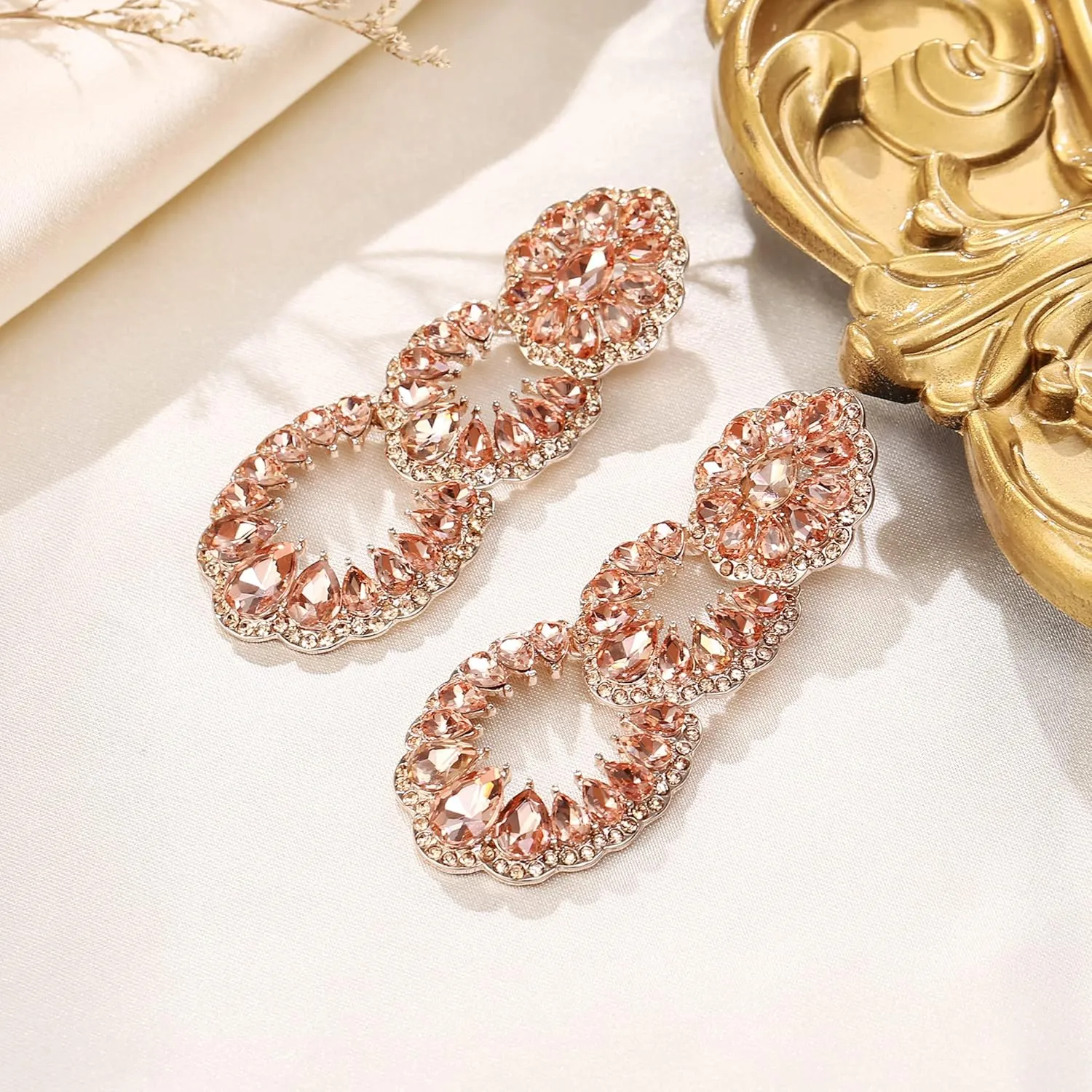 Flyonce Vintage Rhinestone Chandelier Earrings, Wedding Bridal Crystal Art Deco Hollow Drop Dangle Earrings