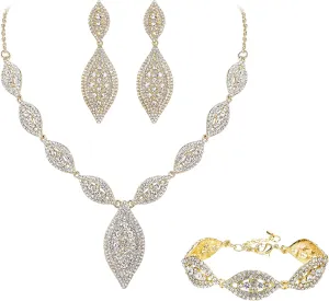 Flyonce Wedding Jewelry Set Rhinestone Crystal Bridal Leaf Necklace Drop Dangle Chandelier Earrings Sets for Women