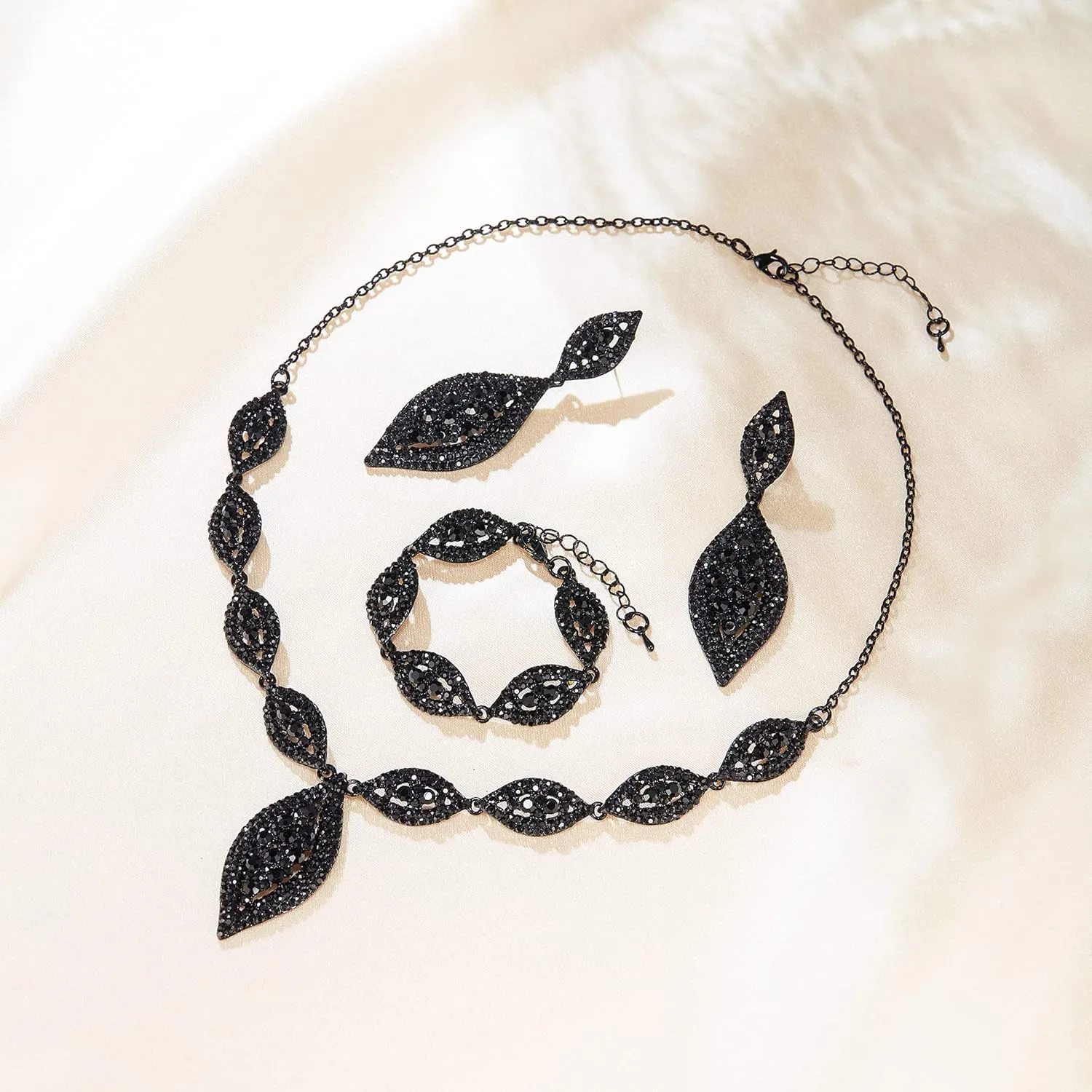 Flyonce Wedding Jewelry Set Rhinestone Crystal Bridal Leaf Necklace Drop Dangle Chandelier Earrings Sets for Women