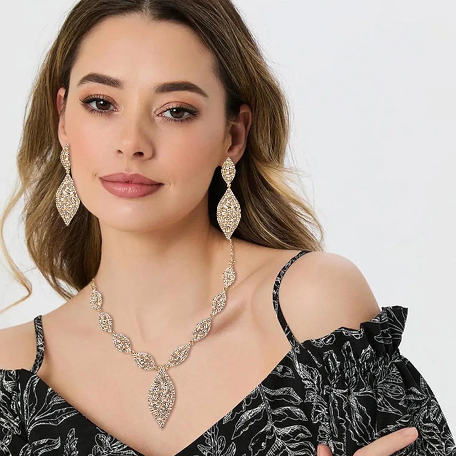Flyonce Wedding Jewelry Set Rhinestone Crystal Bridal Leaf Necklace Drop Dangle Chandelier Earrings Sets for Women