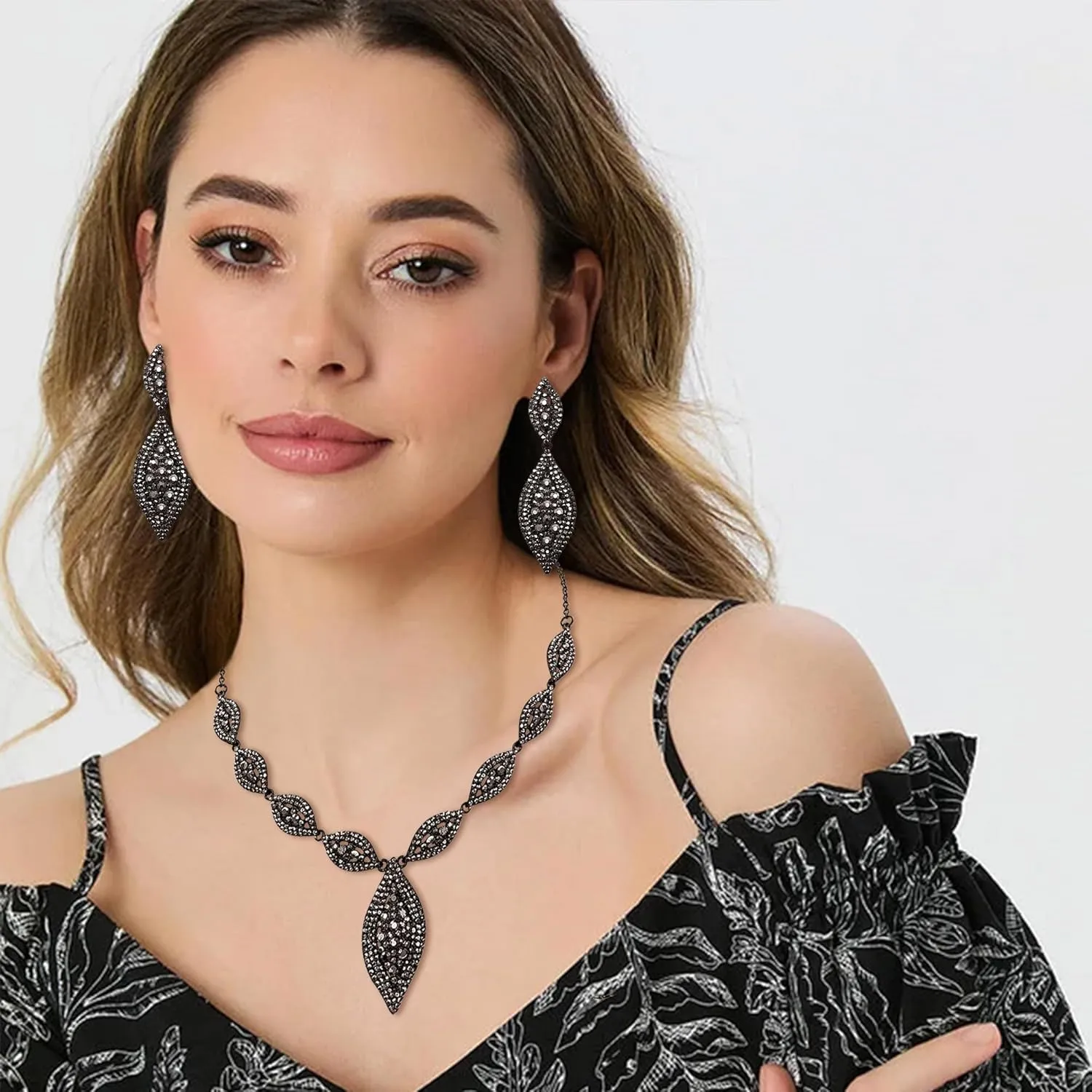 Flyonce Wedding Jewelry Set Rhinestone Crystal Bridal Leaf Necklace Drop Dangle Chandelier Earrings Sets for Women