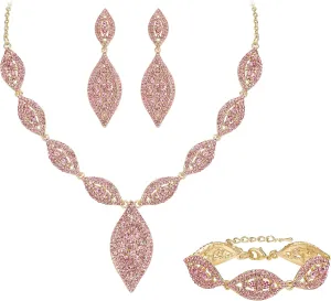 Flyonce Wedding Jewelry Set Rhinestone Crystal Bridal Leaf Necklace Drop Dangle Chandelier Earrings Sets for Women