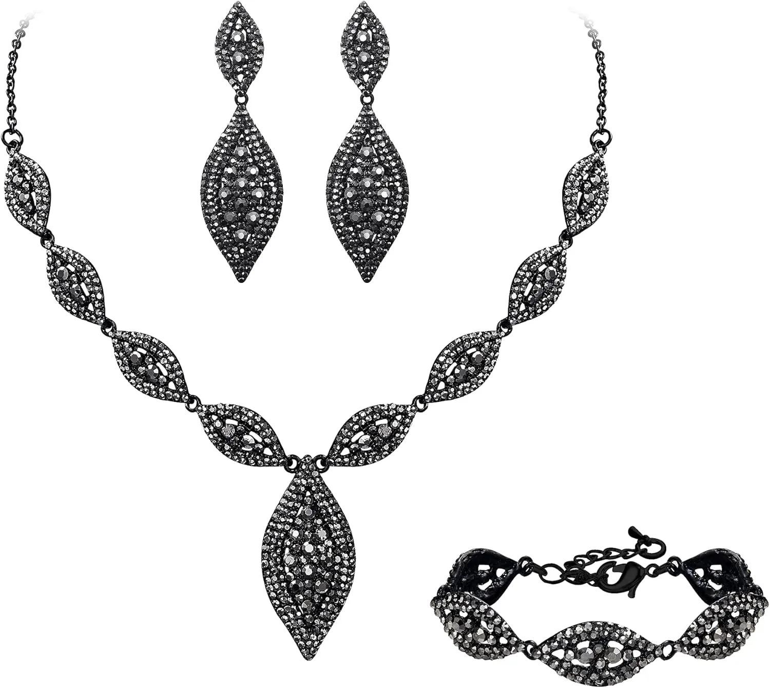 Flyonce Wedding Jewelry Set Rhinestone Crystal Bridal Leaf Necklace Drop Dangle Chandelier Earrings Sets for Women