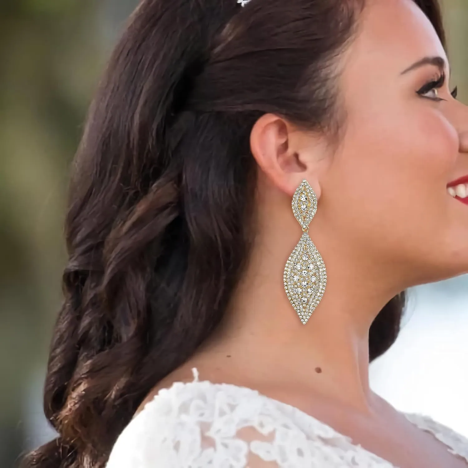 Flyonce Wedding Jewelry Set Rhinestone Crystal Bridal Leaf Necklace Drop Dangle Chandelier Earrings Sets for Women