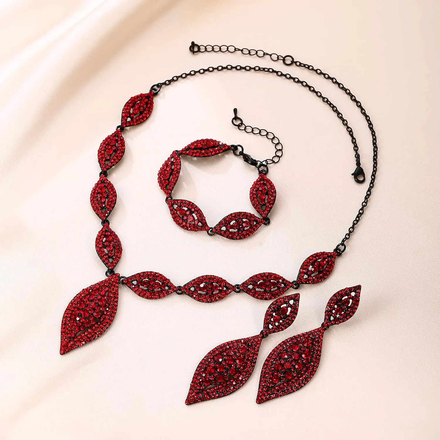 Flyonce Wedding Jewelry Set Rhinestone Crystal Bridal Leaf Necklace Drop Dangle Chandelier Earrings Sets for Women