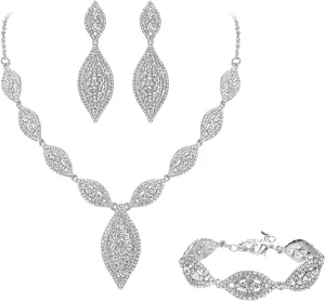 Flyonce Wedding Jewelry Set Rhinestone Crystal Bridal Leaf Necklace Drop Dangle Chandelier Earrings Sets for Women