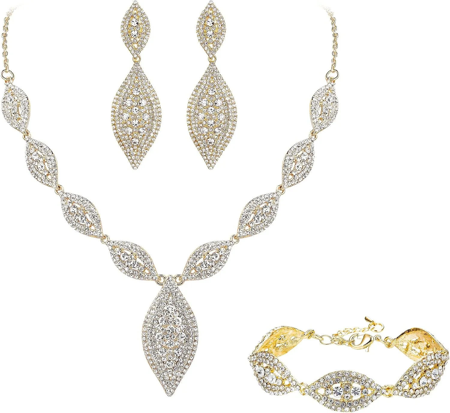 Flyonce Wedding Jewelry Set Rhinestone Crystal Bridal Leaf Necklace Drop Dangle Chandelier Earrings Sets for Women