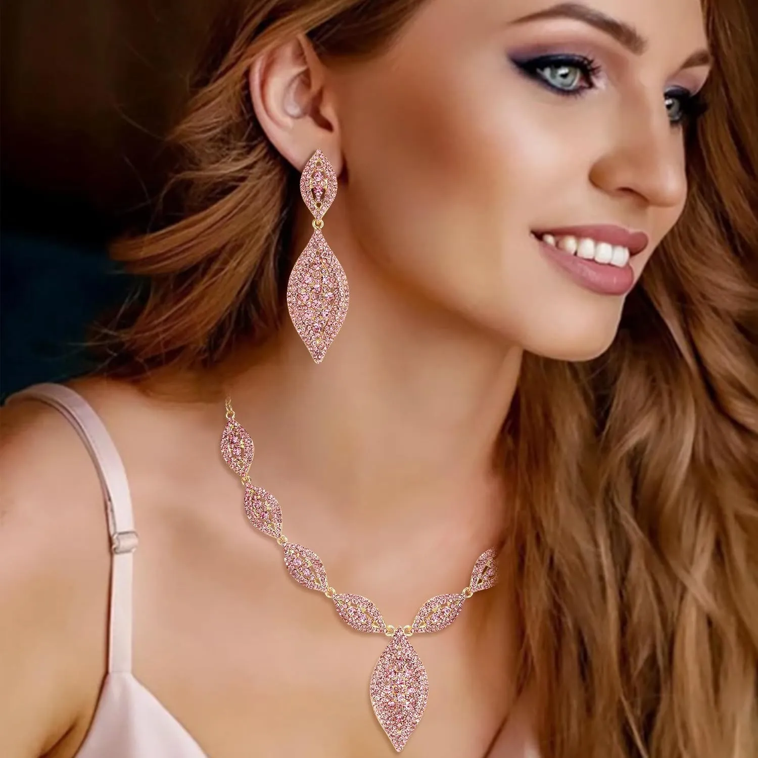 Flyonce Wedding Jewelry Set Rhinestone Crystal Bridal Leaf Necklace Drop Dangle Chandelier Earrings Sets for Women
