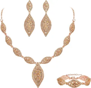 Flyonce Wedding Jewelry Set Rhinestone Crystal Bridal Leaf Necklace Drop Dangle Chandelier Earrings Sets for Women