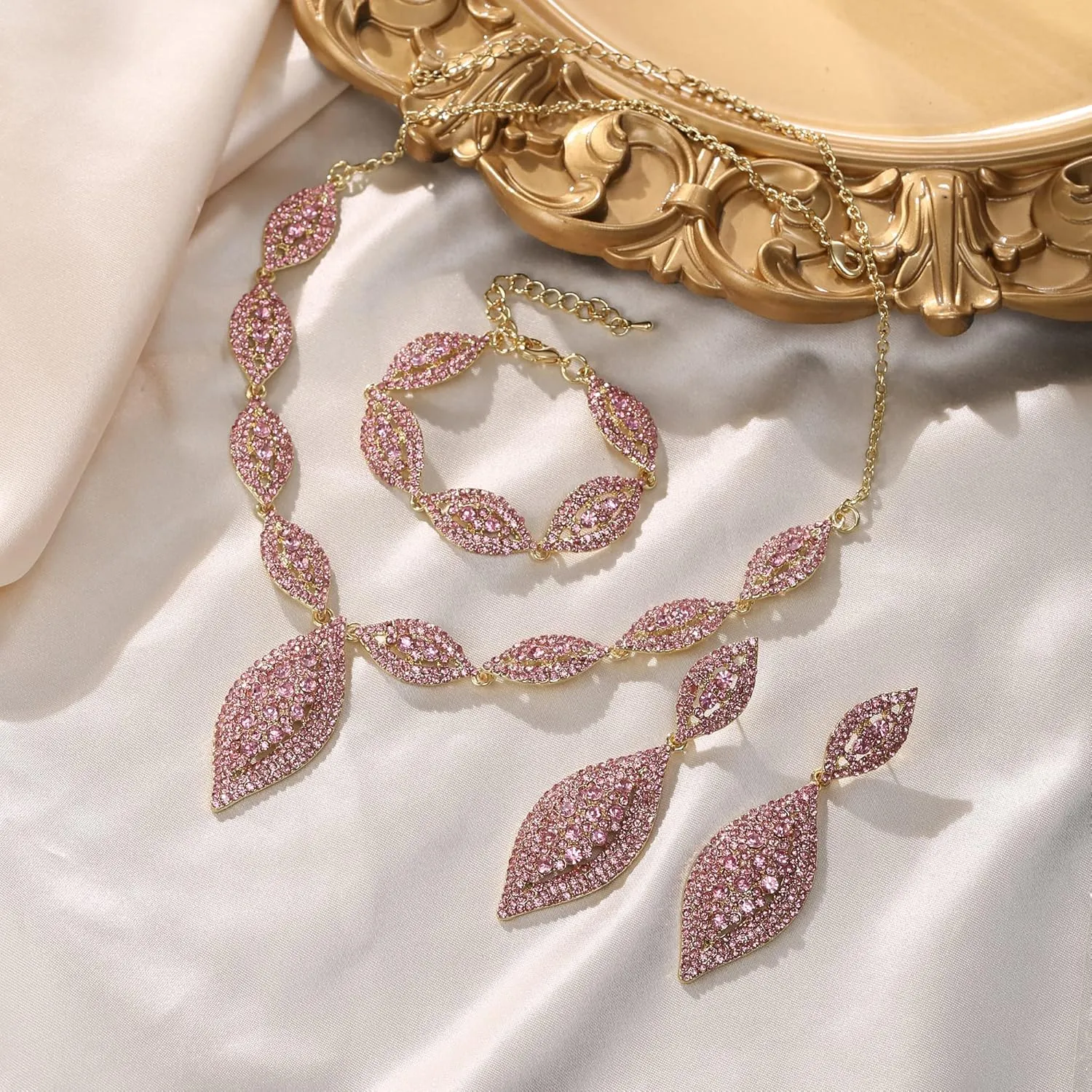 Flyonce Wedding Jewelry Set Rhinestone Crystal Bridal Leaf Necklace Drop Dangle Chandelier Earrings Sets for Women