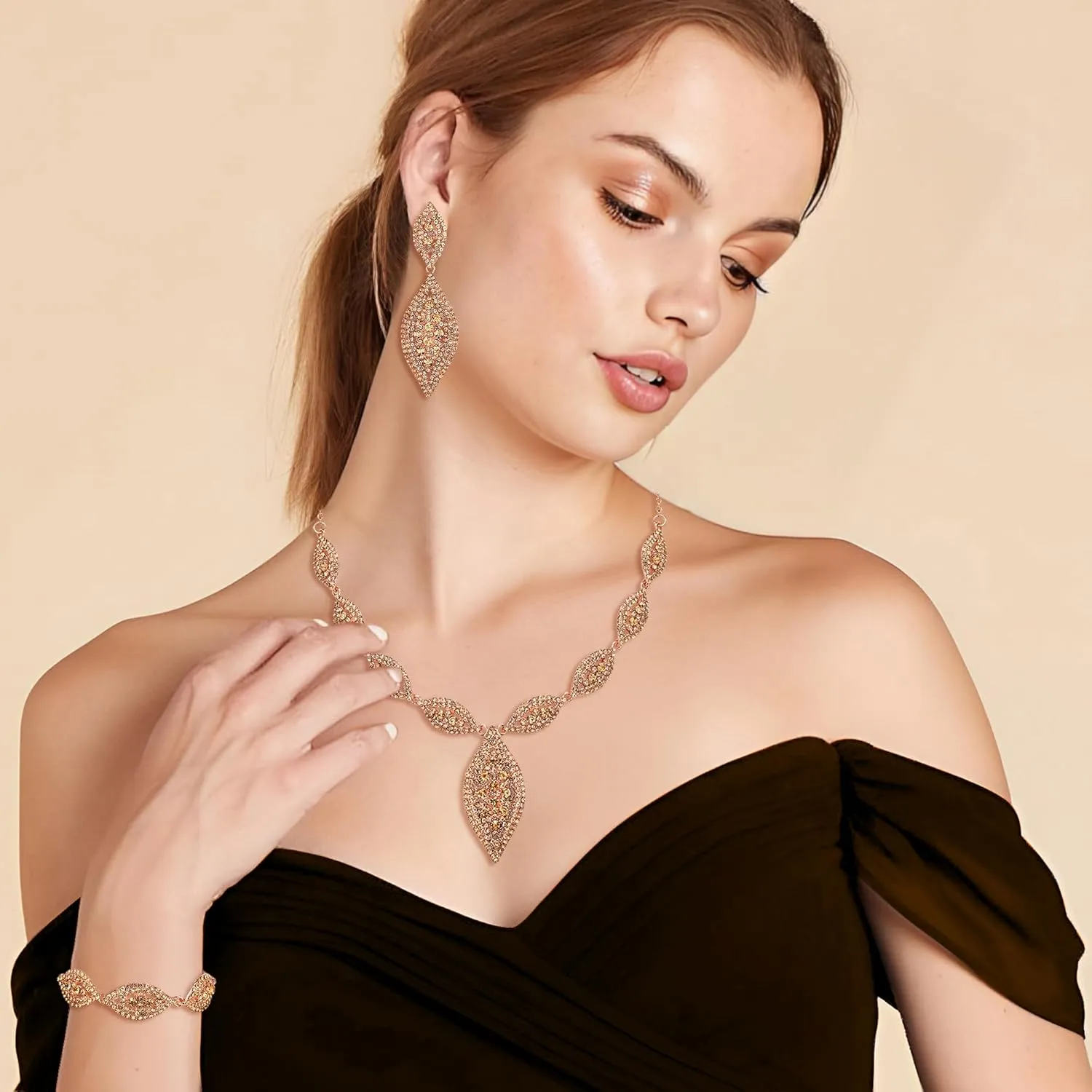 Flyonce Wedding Jewelry Set Rhinestone Crystal Bridal Leaf Necklace Drop Dangle Chandelier Earrings Sets for Women