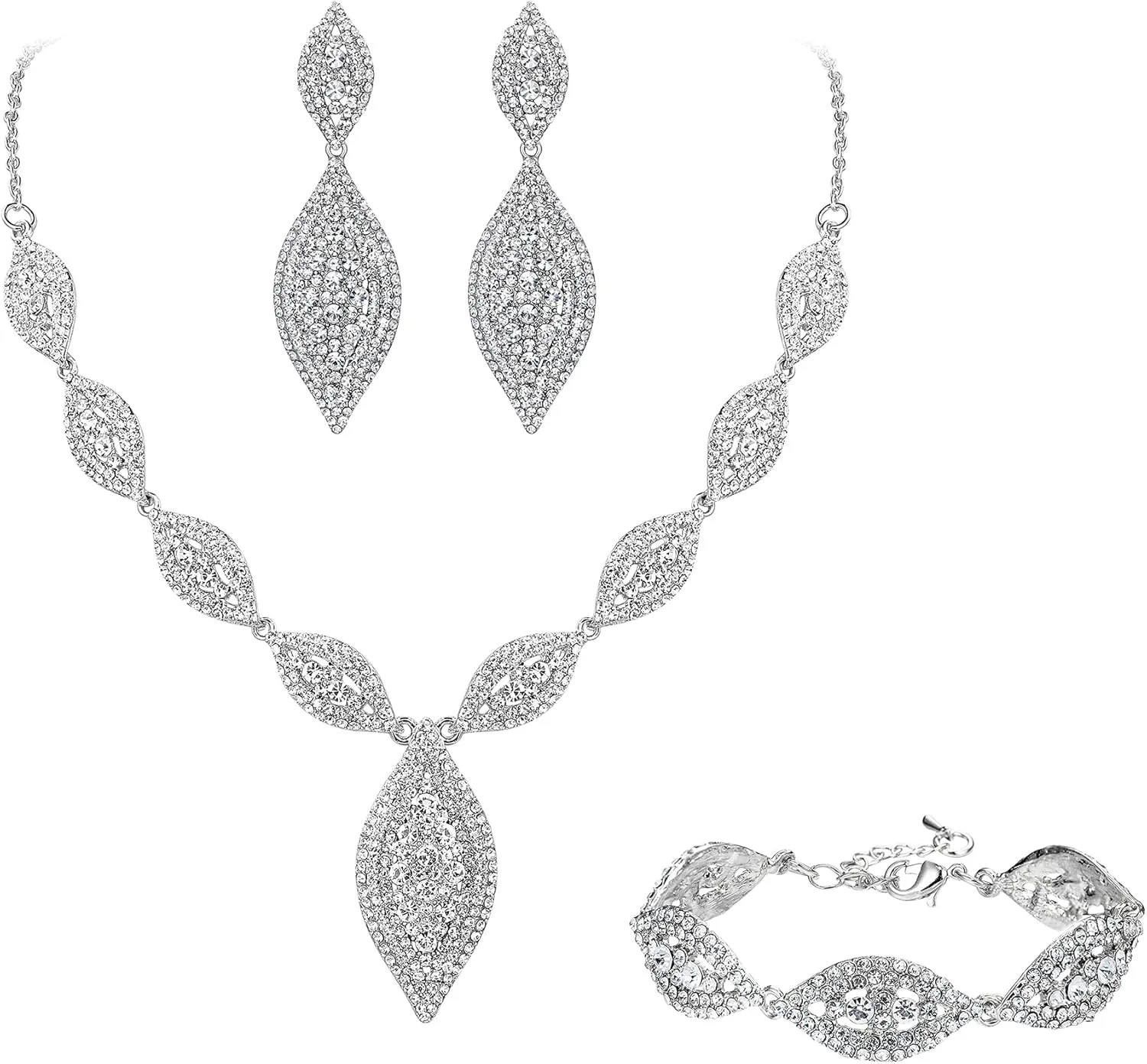 Flyonce Wedding Jewelry Set Rhinestone Crystal Bridal Leaf Necklace Drop Dangle Chandelier Earrings Sets for Women