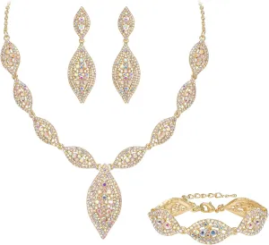 Flyonce Wedding Jewelry Set Rhinestone Crystal Bridal Leaf Necklace Drop Dangle Chandelier Earrings Sets for Women