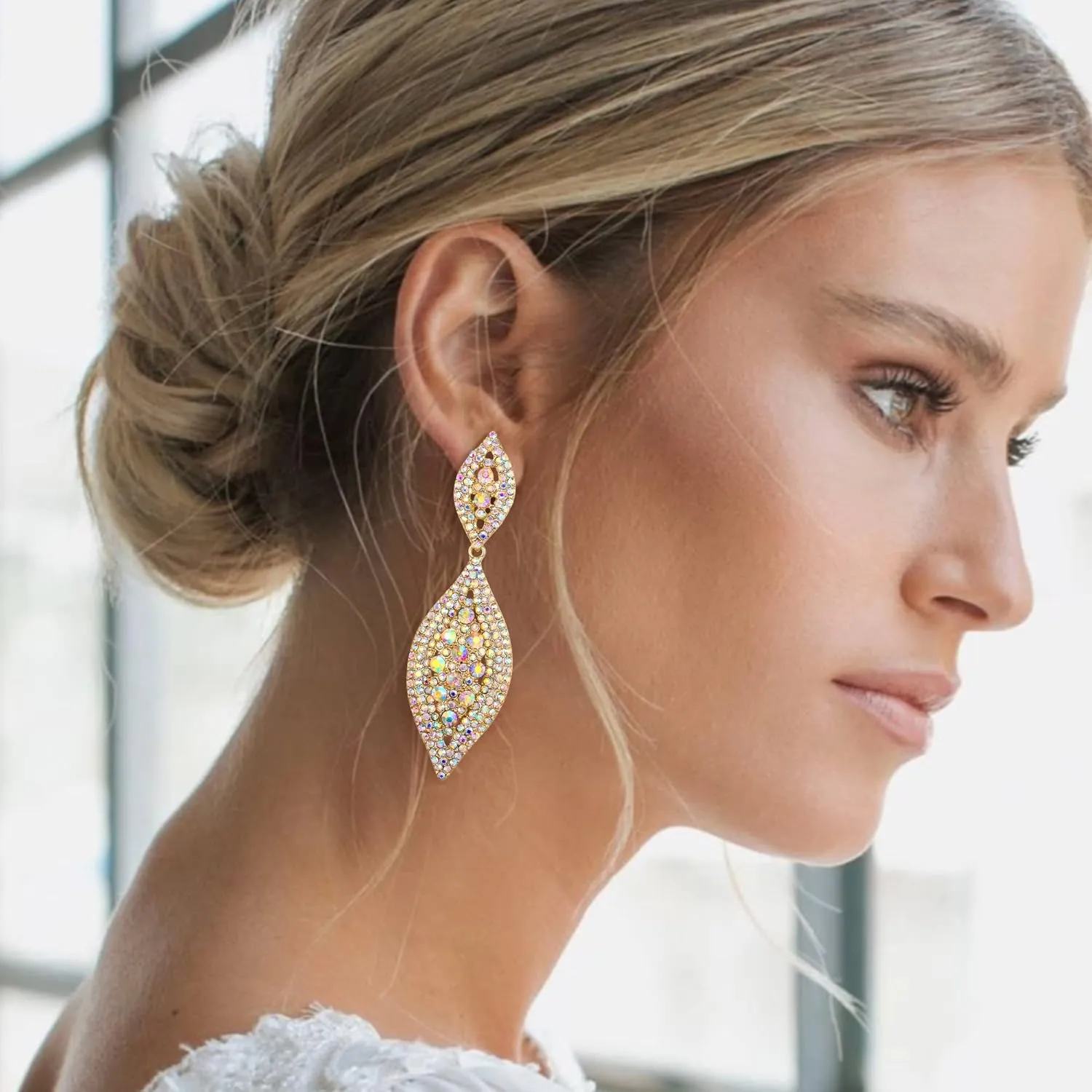Flyonce Wedding Jewelry Set Rhinestone Crystal Bridal Leaf Necklace Drop Dangle Chandelier Earrings Sets for Women
