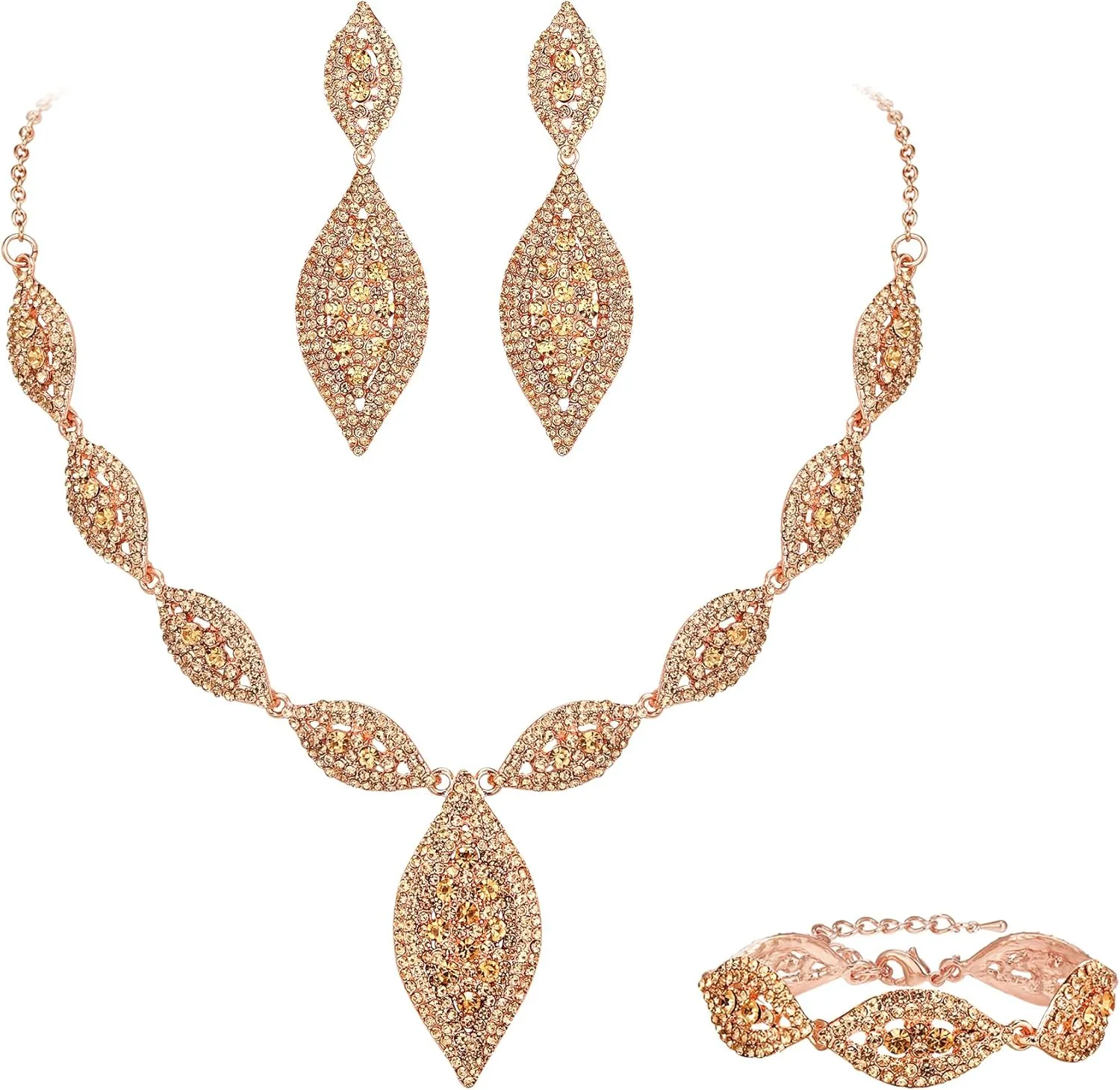 Flyonce Wedding Jewelry Set Rhinestone Crystal Bridal Leaf Necklace Drop Dangle Chandelier Earrings Sets for Women