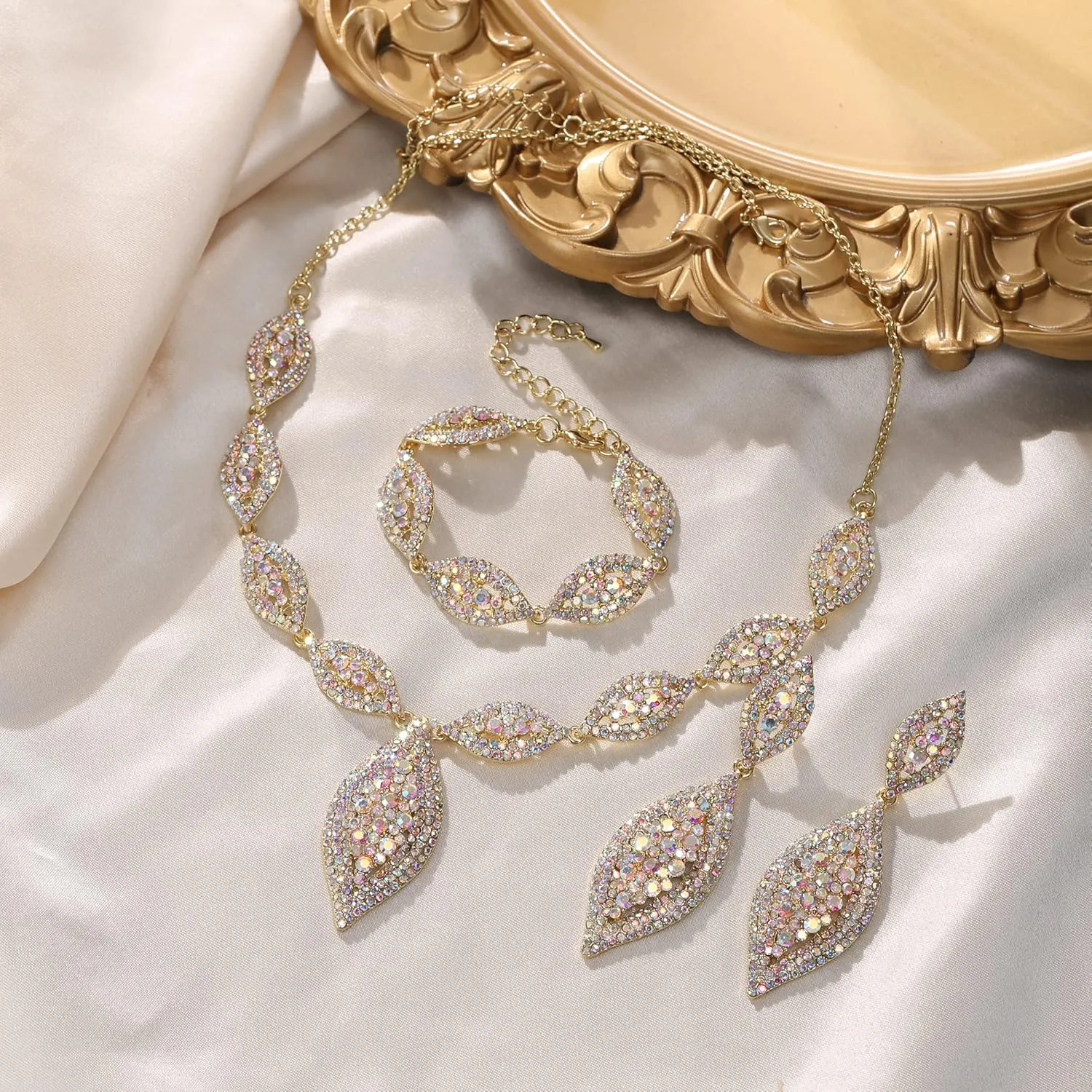 Flyonce Wedding Jewelry Set Rhinestone Crystal Bridal Leaf Necklace Drop Dangle Chandelier Earrings Sets for Women