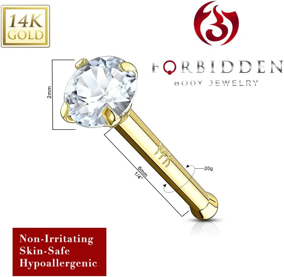 Forbidden Body Jewelry 14k Gold Nose Ring, 20g, Solid 6mm Stud, 2mm CZ Simulated Diamond, Non-Irritating Skin Safe Real Gold, Women and Men